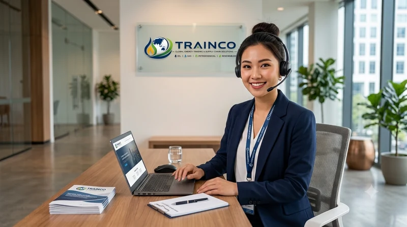 Illustrative image: a commercial desk representative with a headset beside a TRAINCO sign