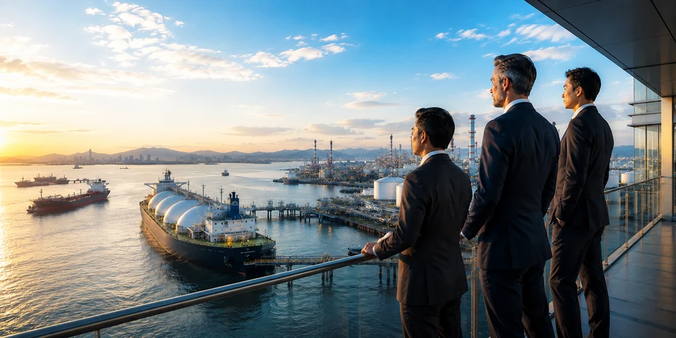 Business professionals overlooking an LNG carrier at a port (illustrative image)
