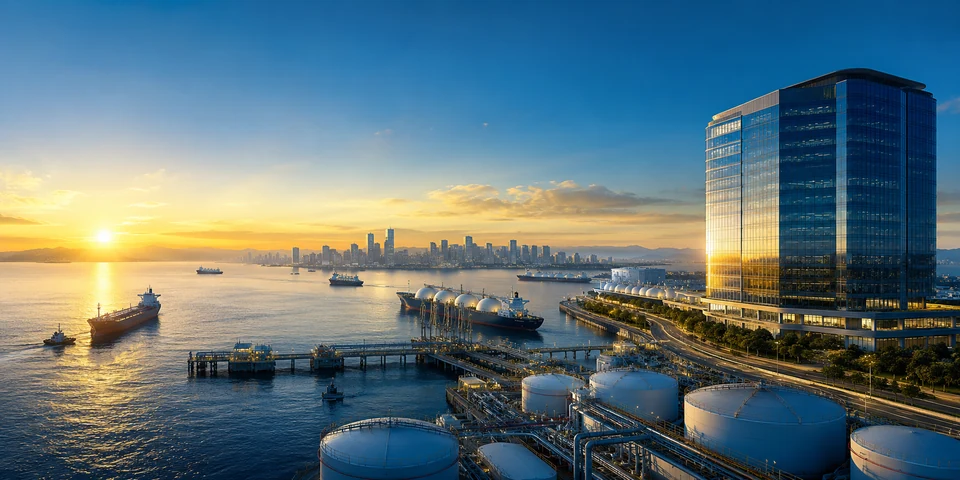 Oil and gas storage terminal and vessels at sunset beside a harbour city