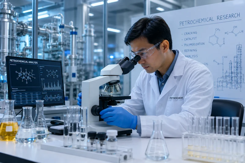 Scientist examining samples in a petrochemical research laboratory (illustrative image)