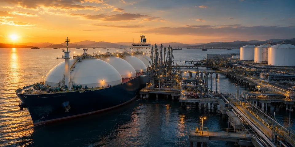 LNG carrier berthed at a terminal at sunset